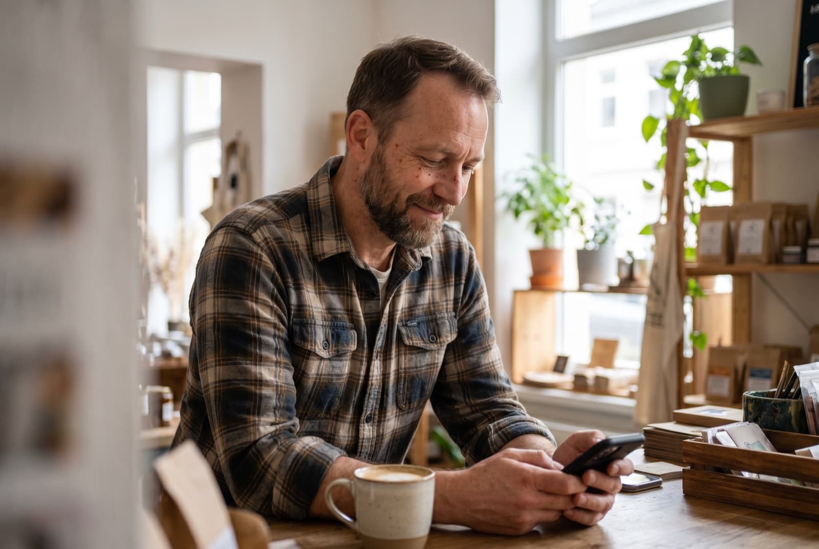 Inhaber eines kleinen Ladens schaut entspannt aufs Smartphone, während seine Website im Hintergrund gepflegt wird