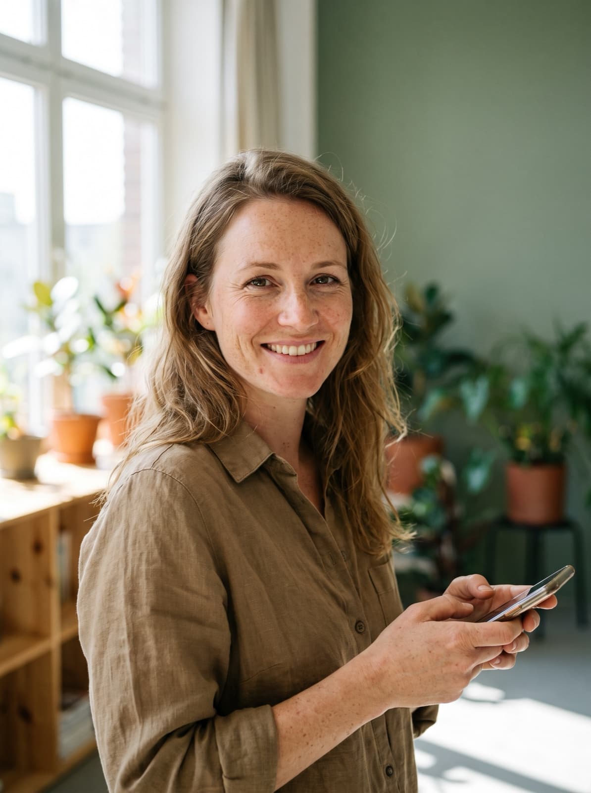 Inhaberin eines kleinen Unternehmens, die ihre Website ohne Aufwand per WhatsApp pflegen lässt